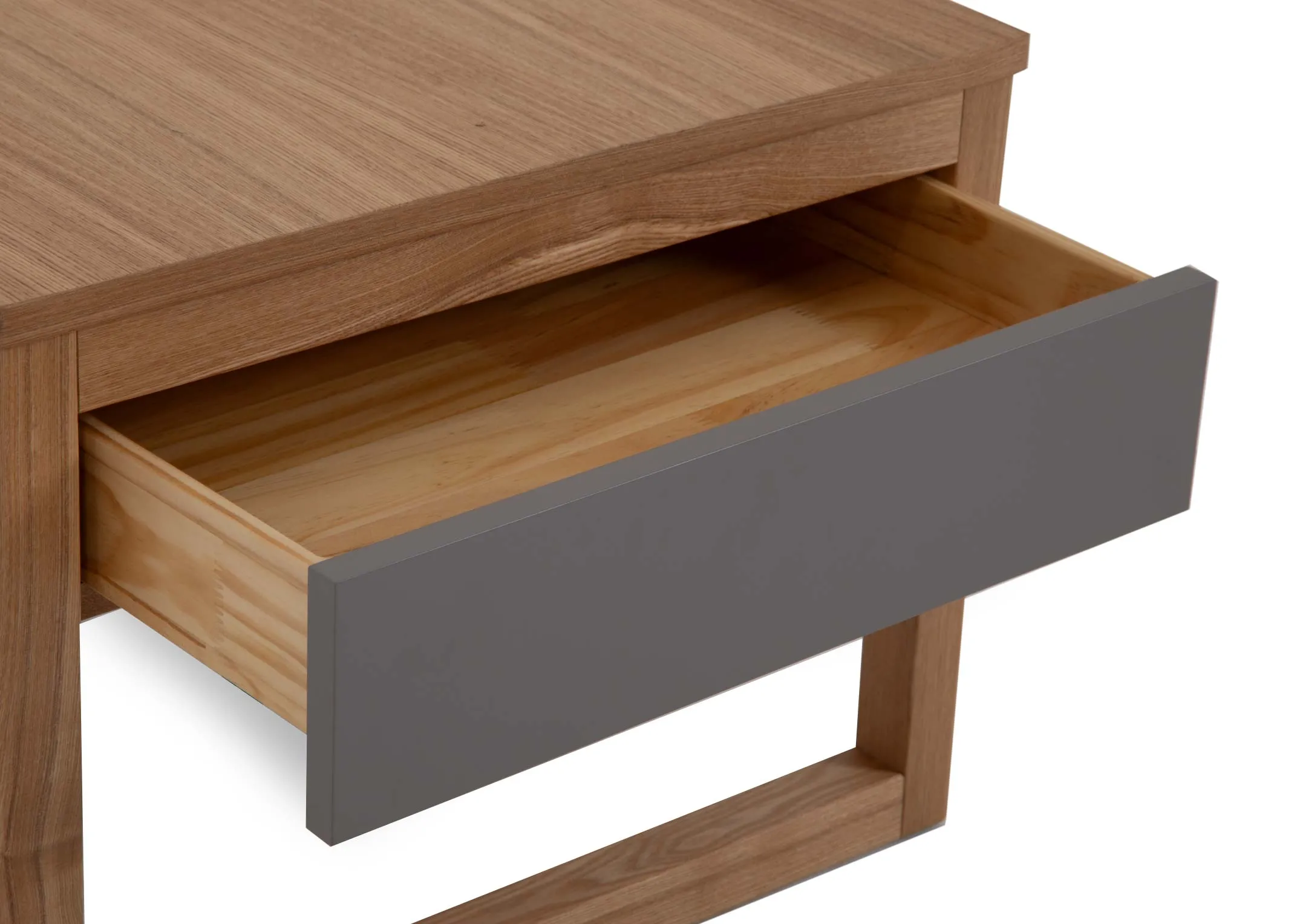 An ash wood rectangular table from EZ Livings Leif range. Closeup of grey drawer opened.