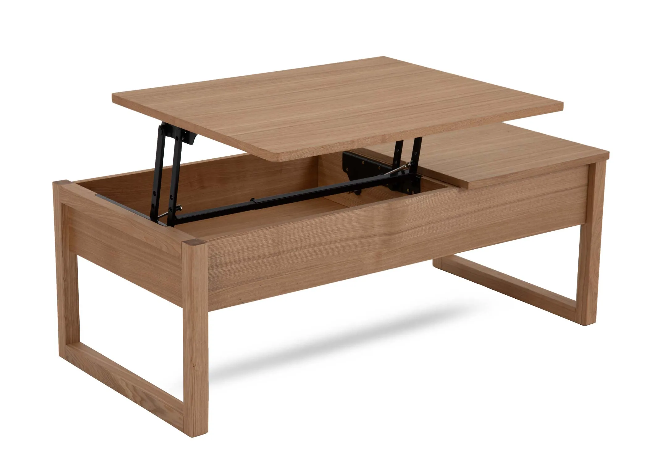 An ash wood rectangular table with lift top function displayed from EZ Livings Leif range. Angled view.