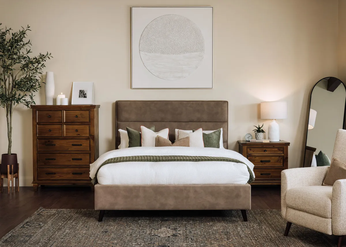 A lifestyle image of the Pathway picture over the Tara sofa with dawn side table and melody lamps.