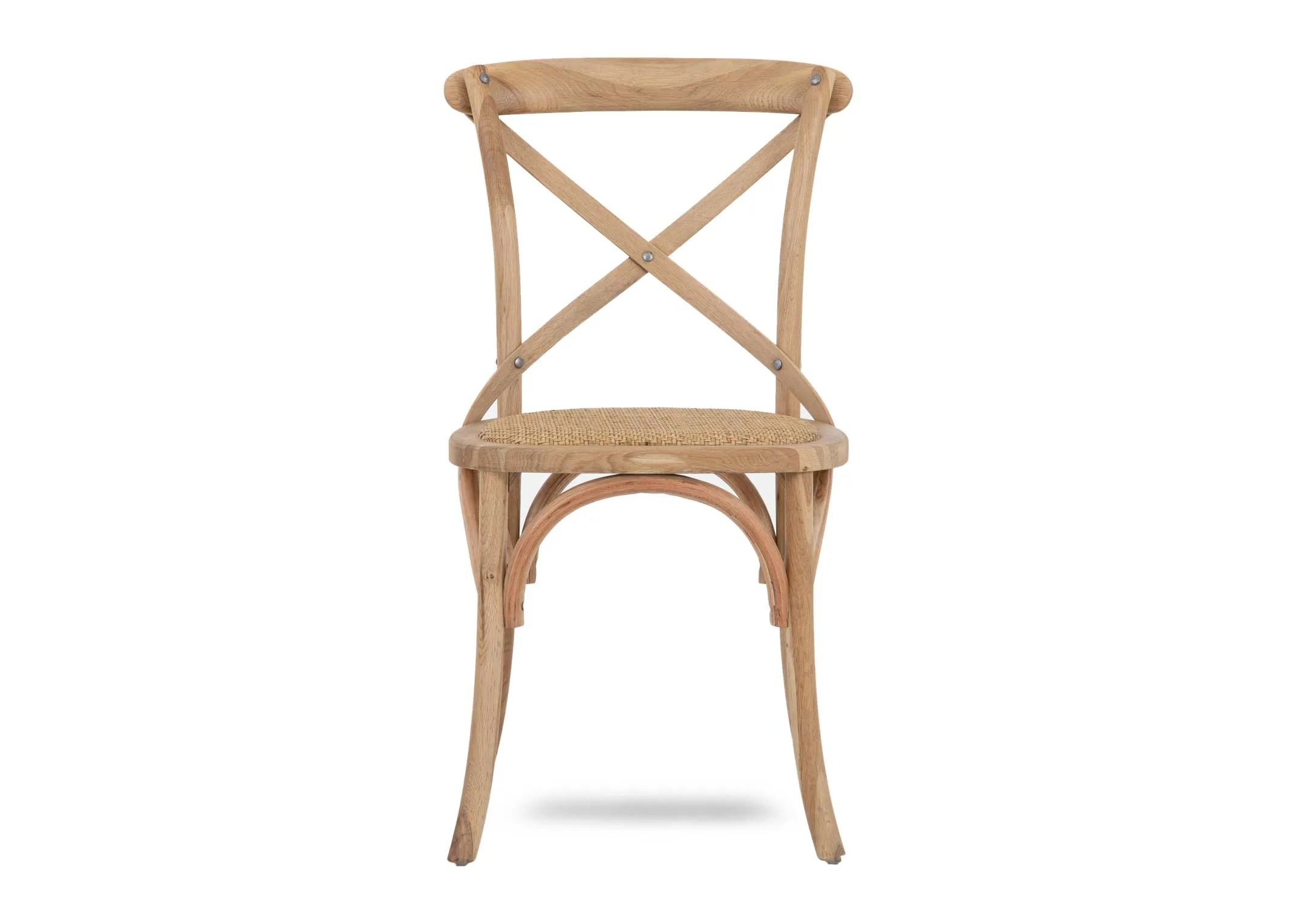 A weathered oak dining chair with x back seat from EZ Livings Tavern range. Front view of cane seat.