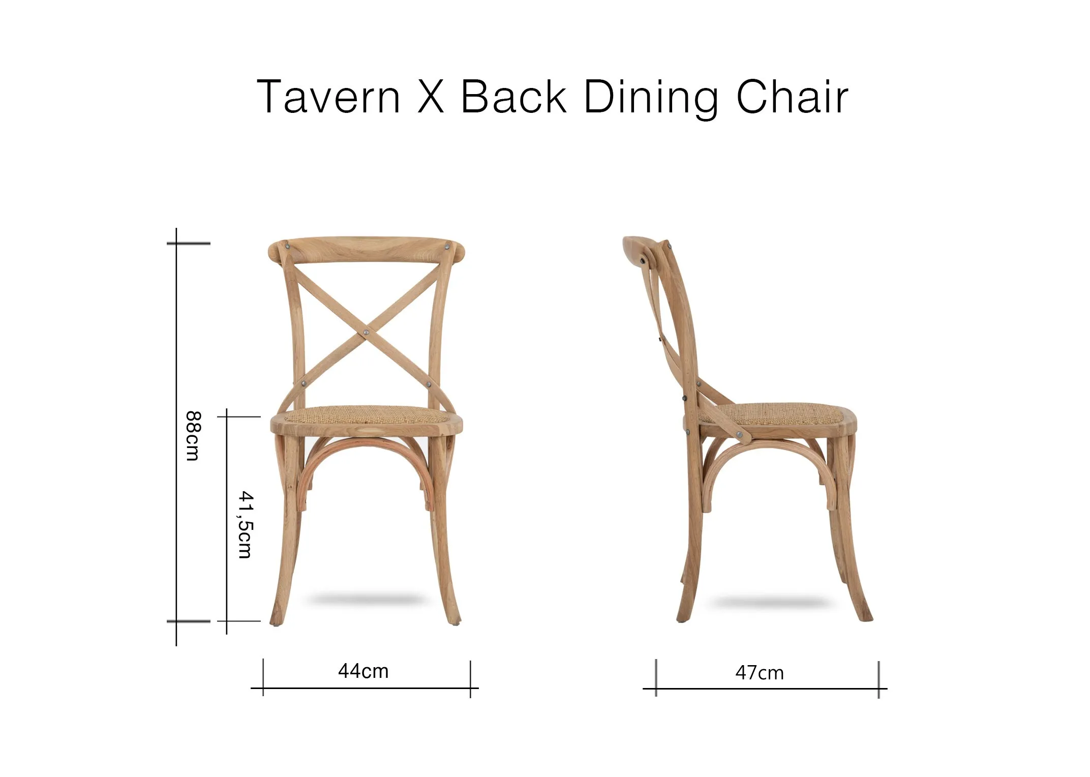 A dimension image of the Tavern Dining Chair with 44cm x 47cm x 88cm