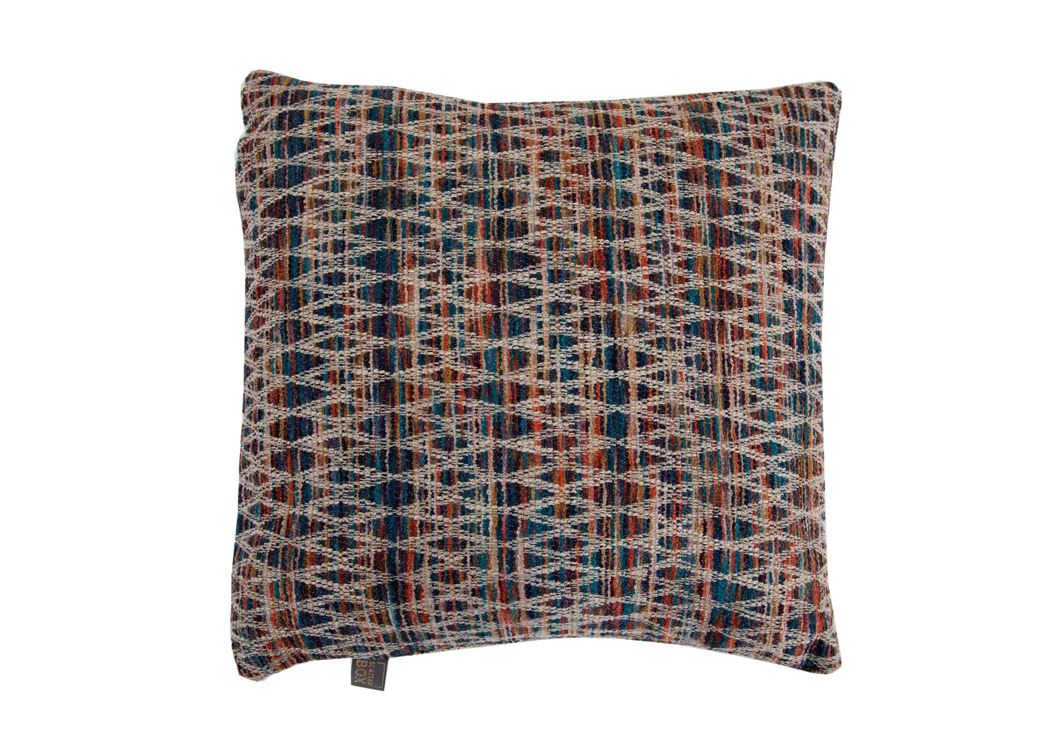 A multi color print cushion from EZ Livings Enniscrone range. Front view of zig zag woven design over color print.