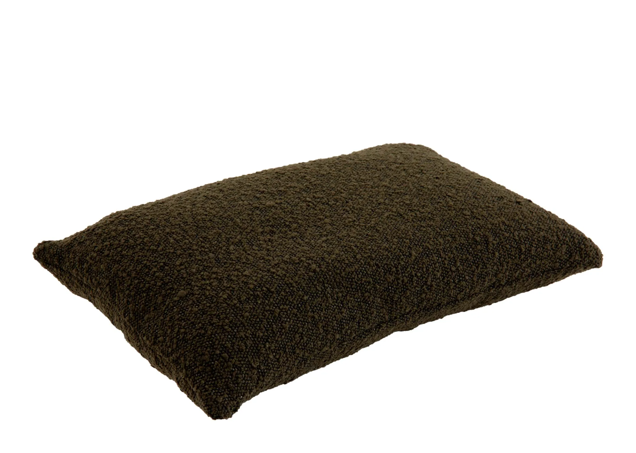 A dark green boucle bolster cushion from EZ Livings Benbulbin range.Angled view
