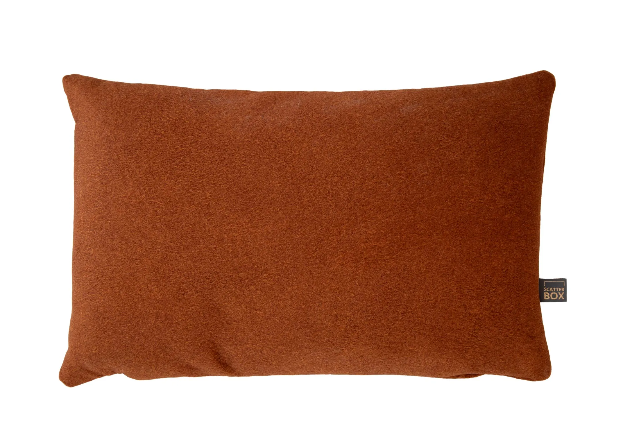 An orange fabric bolster cushion from EZ Livings Easkey range. Front view of soft velvet fabric.