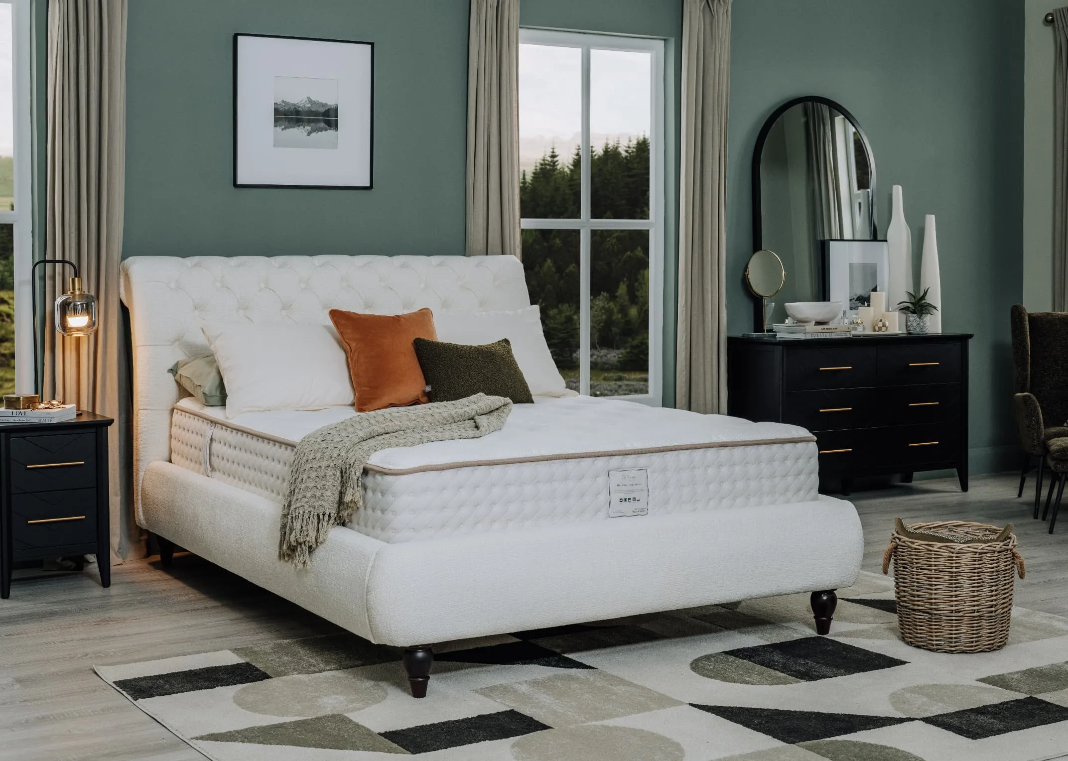 A lifestyle image of the Natural Cashmere Mattress with Duchess bed and Bruni rug.