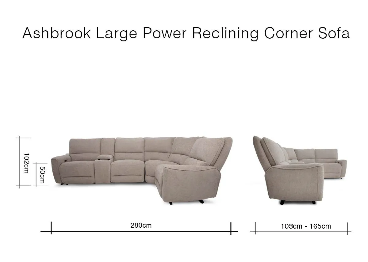 A dimension image of the Ashbrook Corner sofa with 280cm x 103-165cm x 102cm