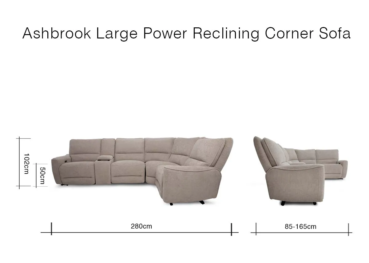 A dimension image of the Ashbrook Corner sofa with 280cm x 85-165cm x 102cm