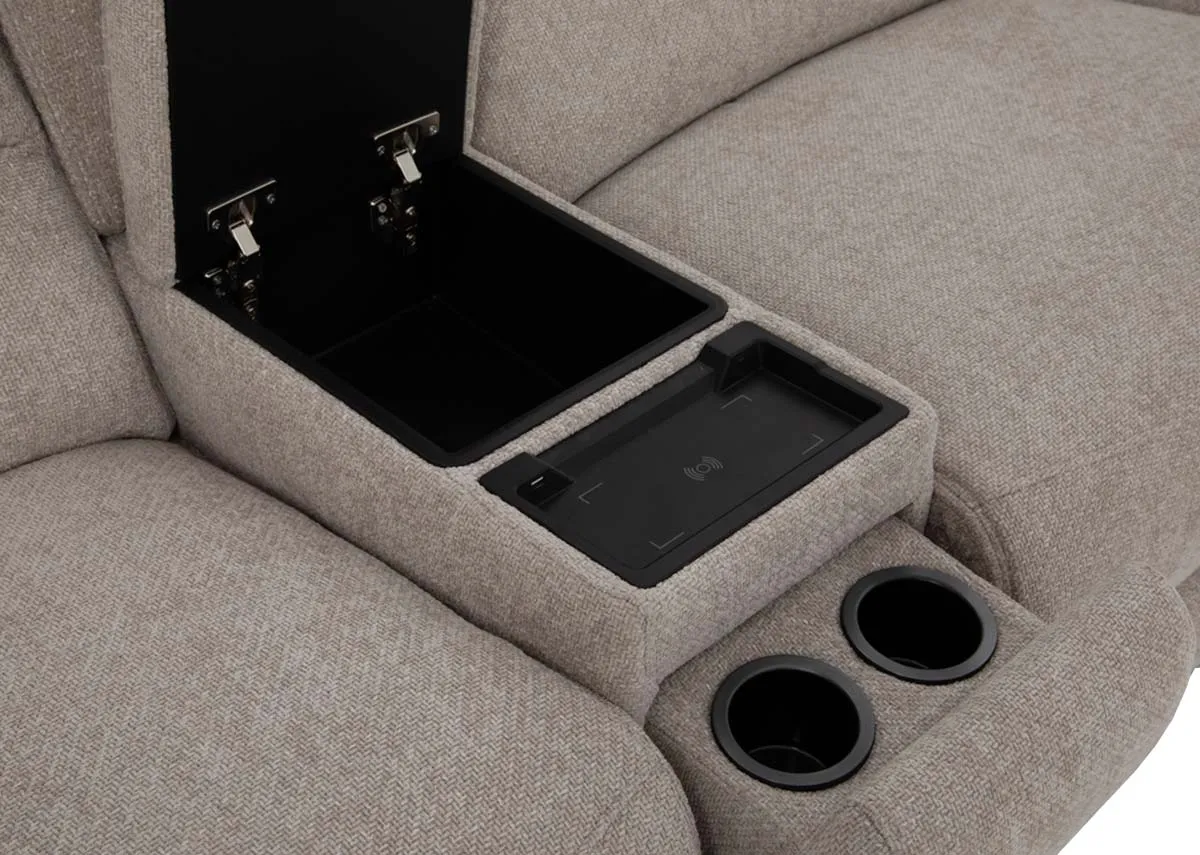 A beige fabric large corner sofa from EZ Livings Ashbrook range. Closeup of hidden drinks holder inside armrest