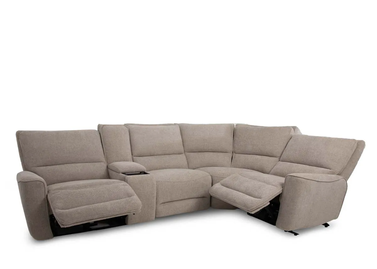 A beige fabric large corner sofa from EZ Livings Ashbrook range. Angled view of 2 recliner ends extended.