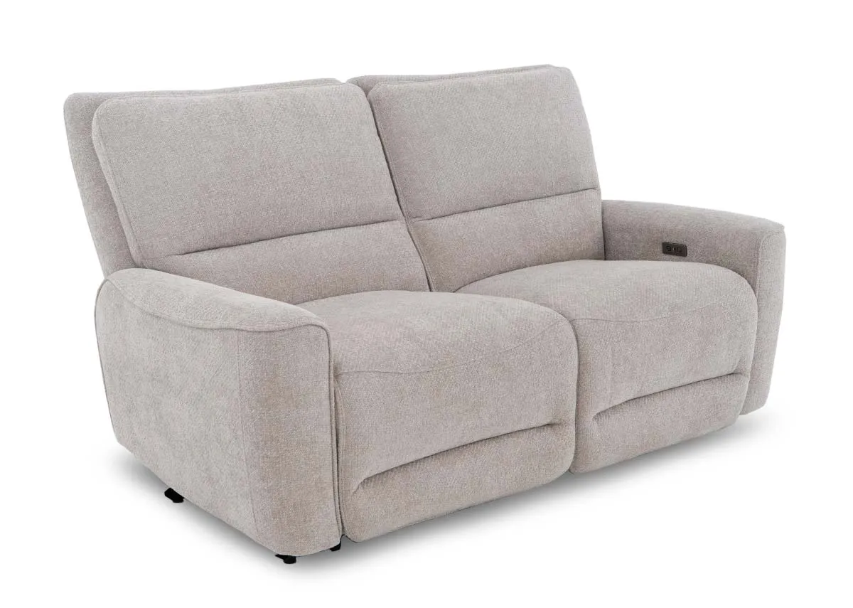 A 2 seater beige fabric power recliner from EZ Livings Ashbrook range. Angled view