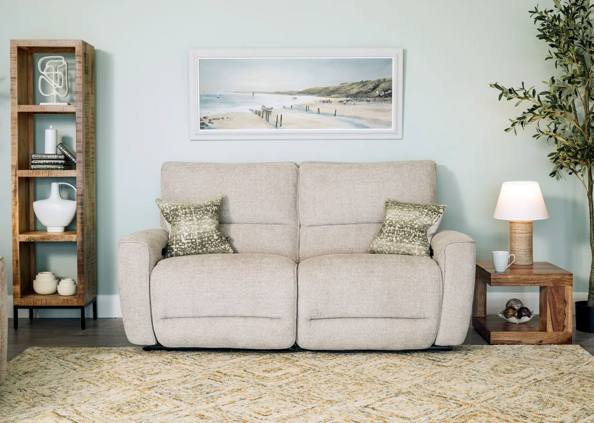 A lifestyle image of the Ashbrook sofa fixed with green cushions and Avoca bookcases.