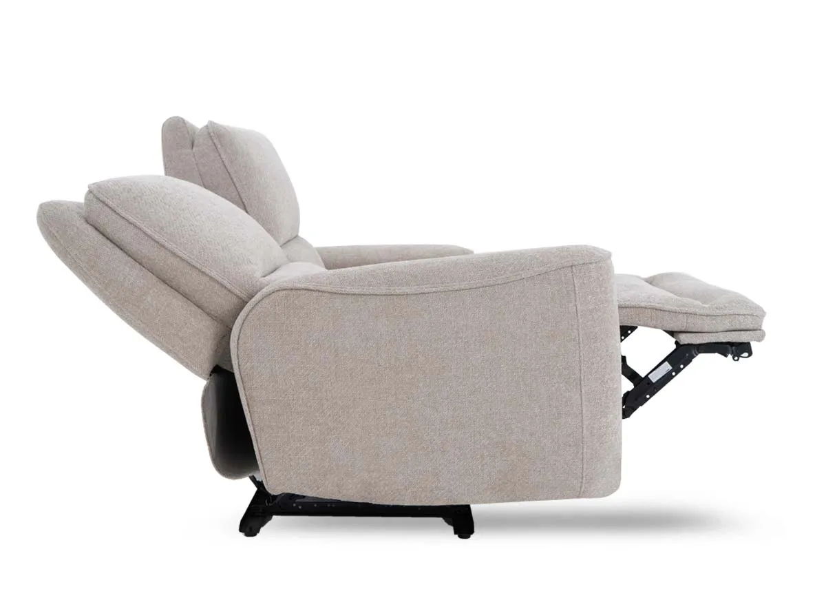 A 2 seater beige fabric power recliner from EZ Livings Ashbrook range. Side view of sofa reclined