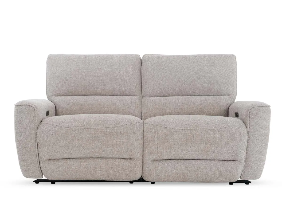 A 2 seater beige fabric power recliner from EZ Livings Ashbrook range.Front view of foam filled seat and back cushions.