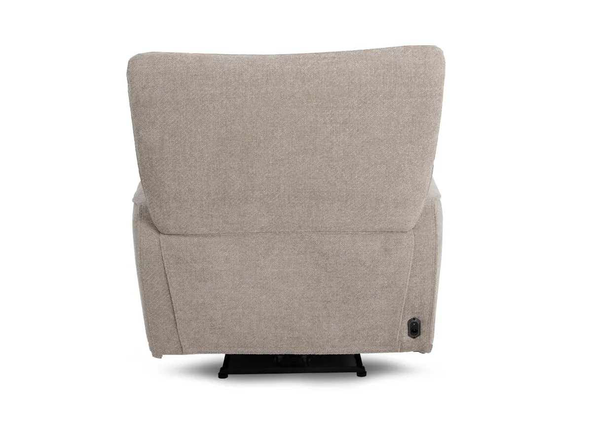 A beige fabric power recliner from EZ Livings Ashbrook range. Ba ck of warrantied frame