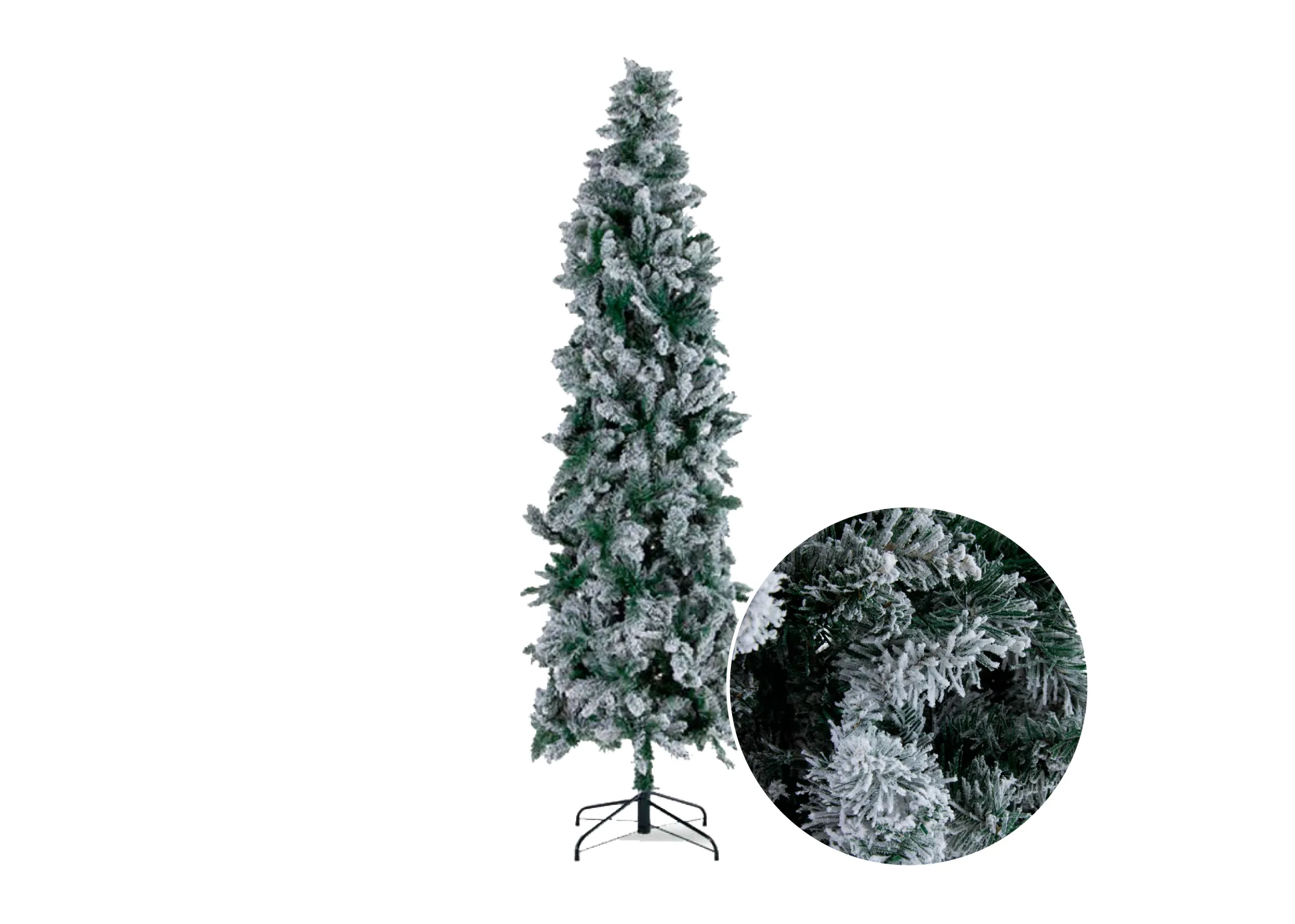 A slim 7ft white artificial christmas tree from EZ Livings Noble range. Closeup zoom on dusty white snow