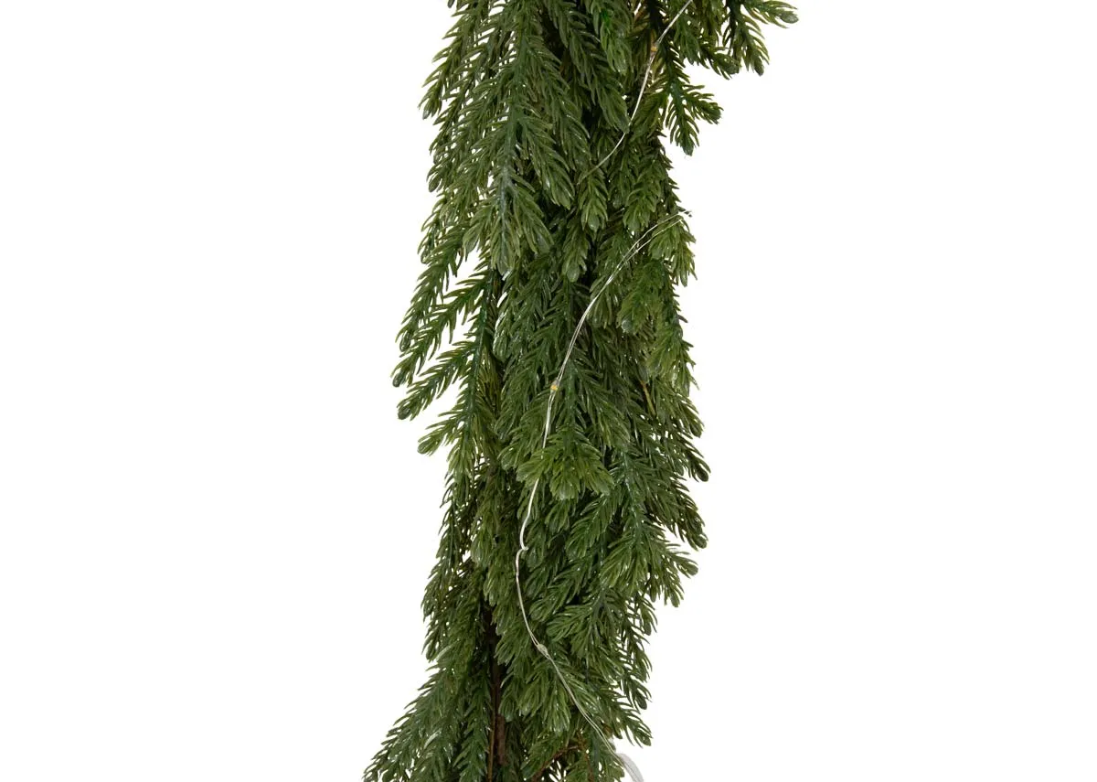 A pine needle garland with LED lights from EZ Livings Christmas range. Closeup of LED lights