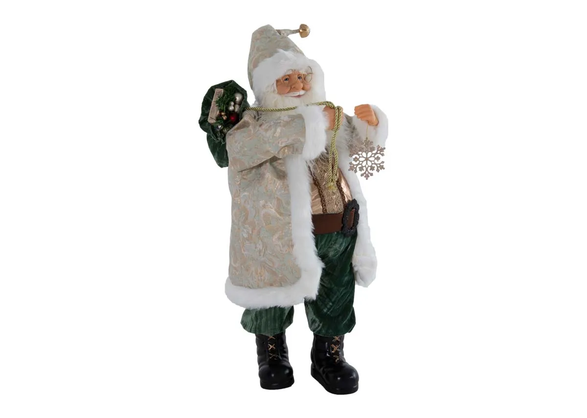 A white & green santa figurine from EZ Livings Papa Noel range.  Angled view