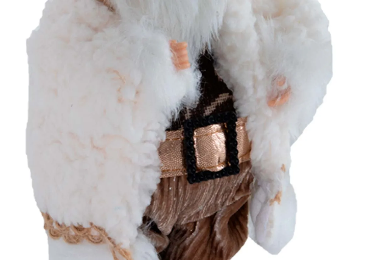 A traditional cream Santa Claus figurine from EZ Livings Christmas range.Closeup detail on gold belt and cord trousers