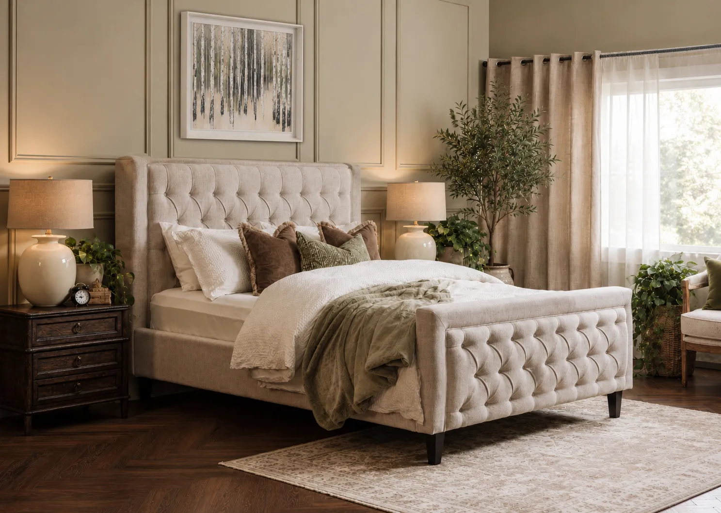 A lifestyle image of the Majestic beige bedframe with Silence picture and Hanover lockers.