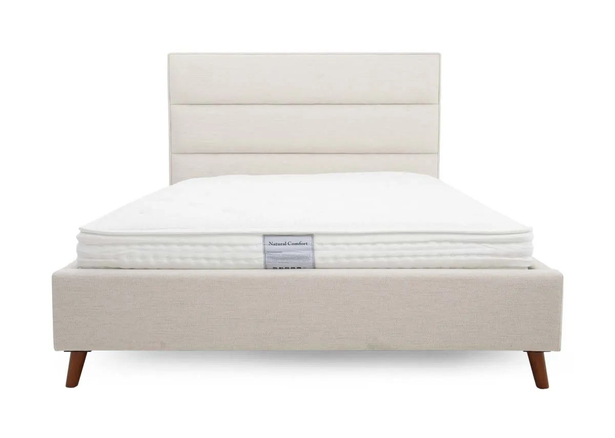 A beige fabric 4ft 6 bedframe from EZ Livings Ebony range. Front view