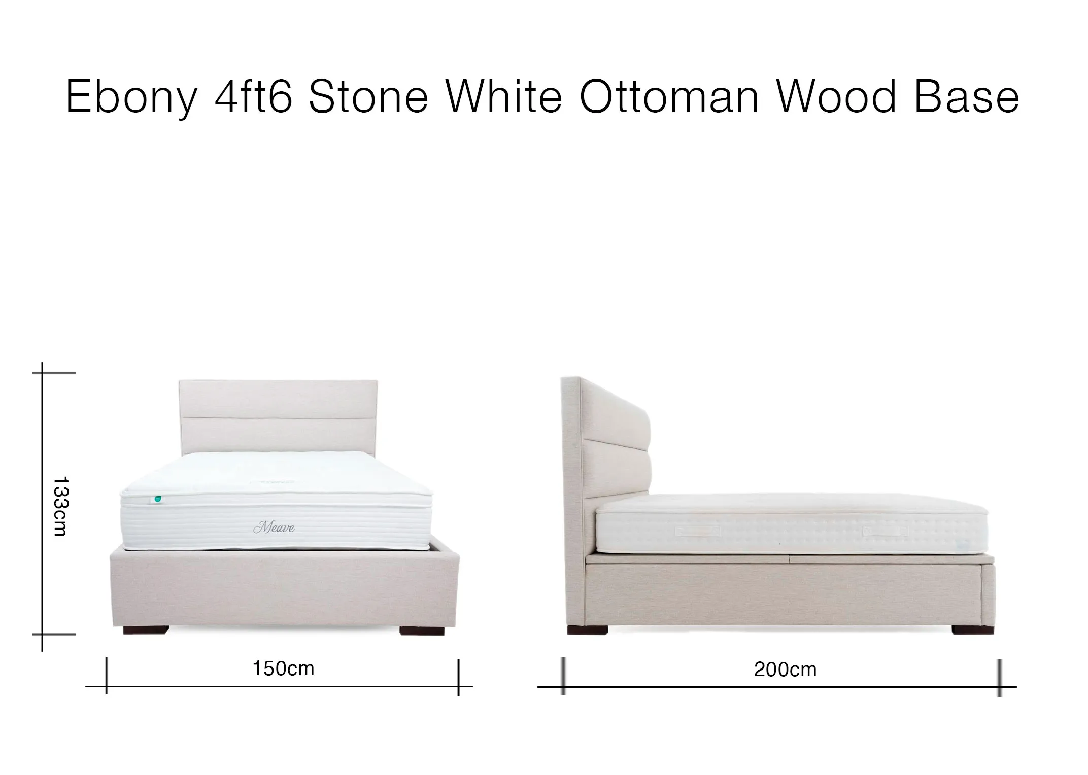 A dimension image of the Ebony 4ft6 Ottoman with 150cm x 200cm x 133cm