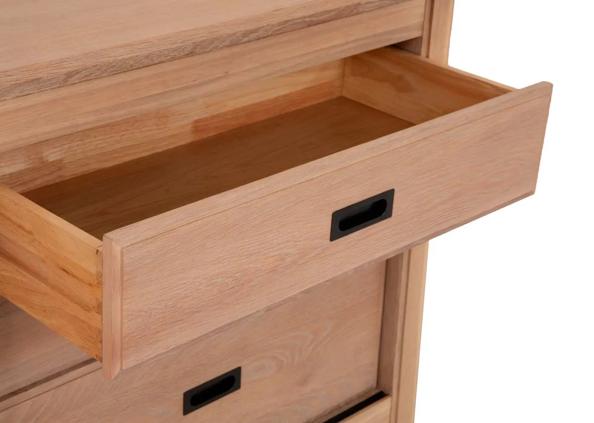A 2 drawer oak console table with lower shelf from EZ Livings Albany range. Closeup of open drawer shows slim space.