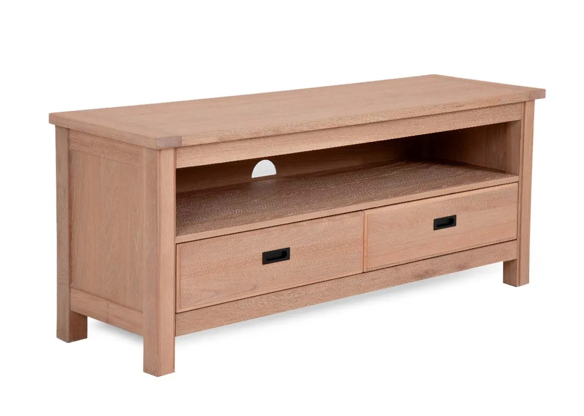 A 2 drawer oak TV unit from EZ Livings Albany range. Angled view