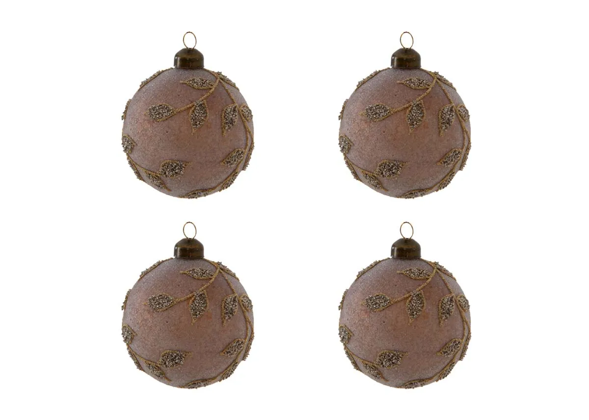 A set of 4 brown baubles with gold leaf pattern from EZ Livings Christmas range. Front view of set of 4