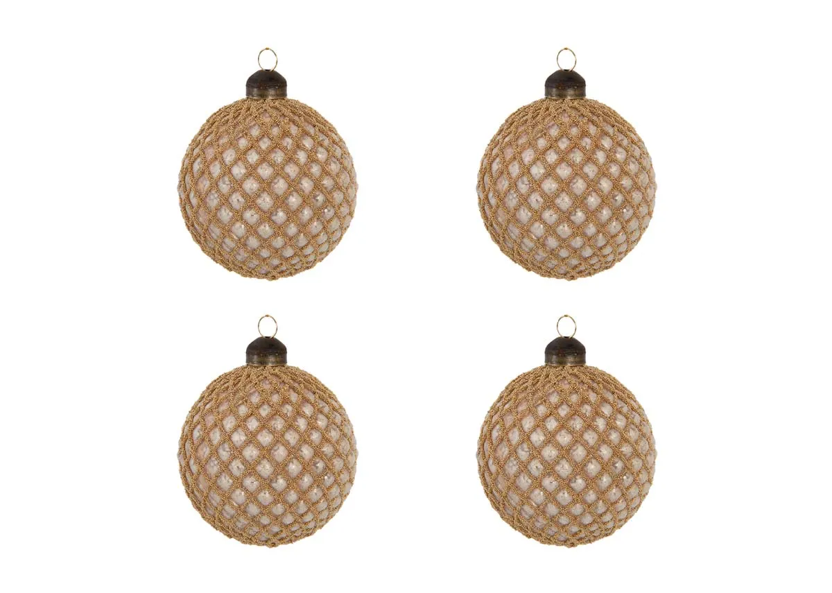 A set of 4 brown baubles with gold lattice from EZ Livings Christmas Range. Front view of set of 4 Rockin around the Christmas tree baubles.