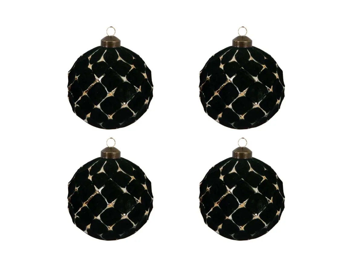 A set of 4 Green & gold baubles from EZ Livings Christmas Range. Front view of Holly & Ivy set.