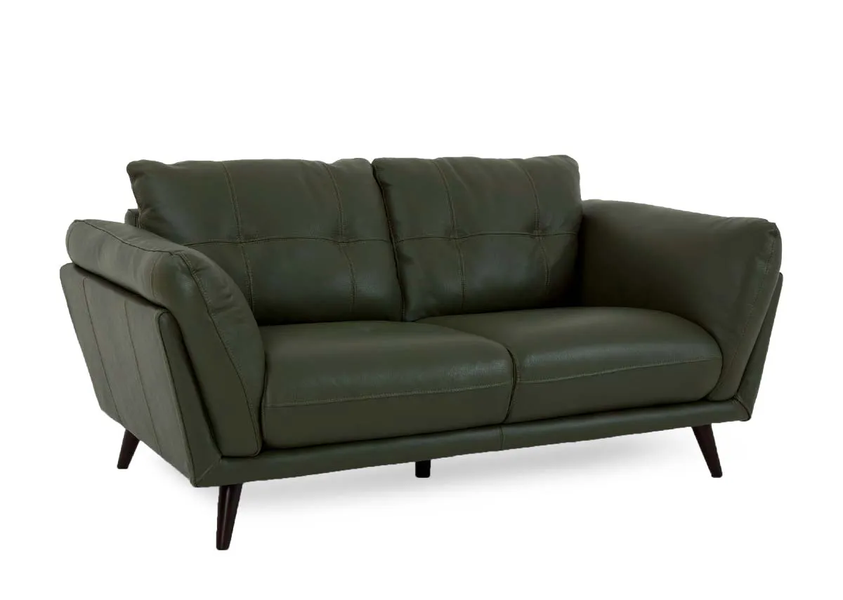 A 2.5 seater sofa in green leather from EZ Livings Toscana range. Angled view fo dark tapered feet.
