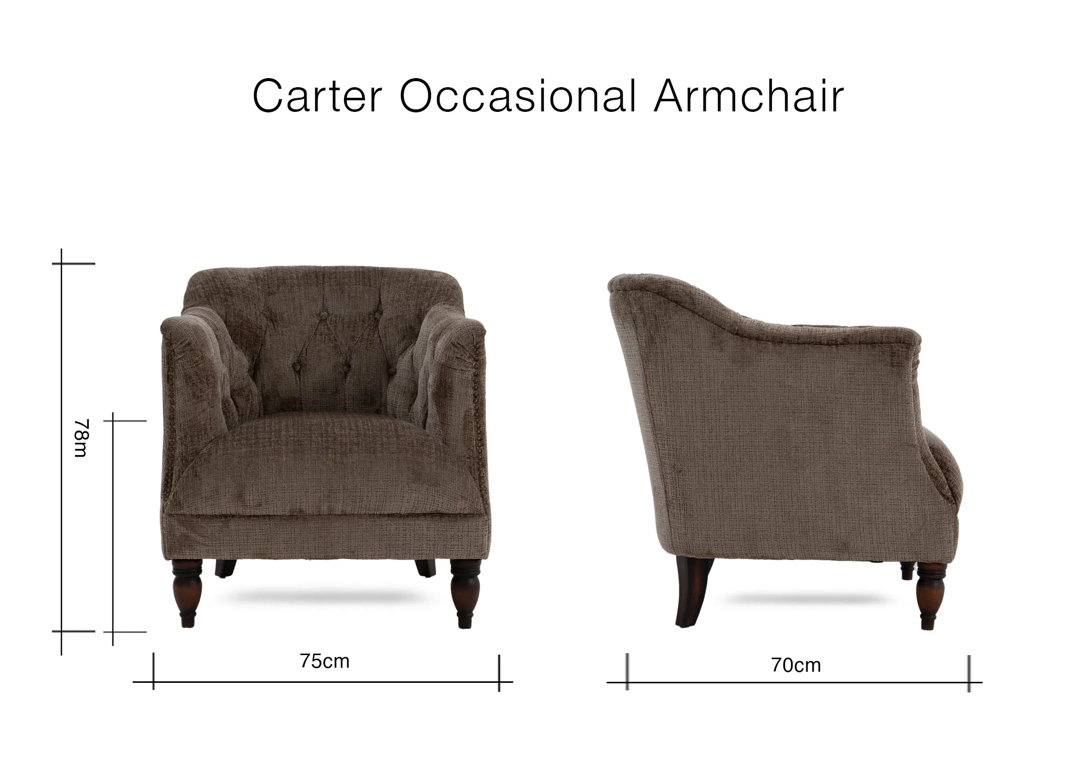 A dimension image of the Carter Occasional chair with 75cm x 70cm x 78cm