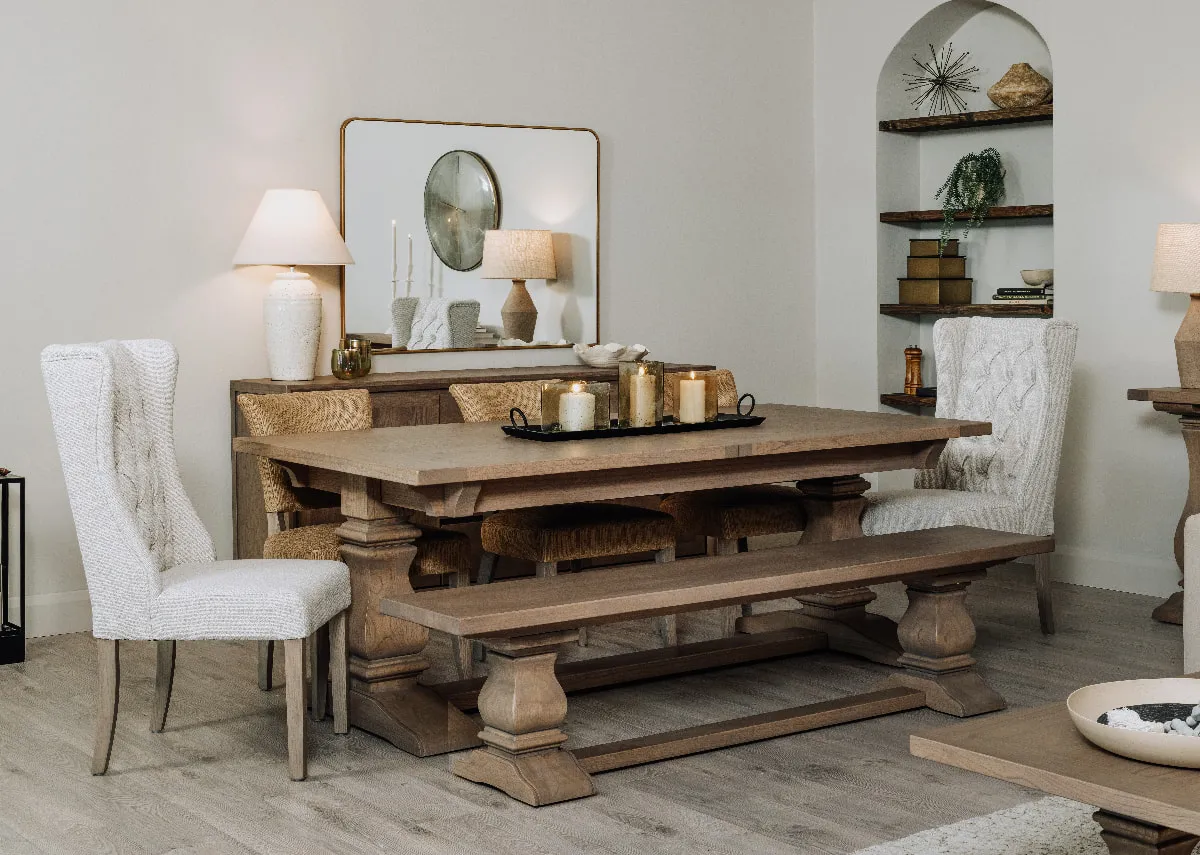 A lifestyle image of the Thomas dining chair with the Gold Coast dining table and bench with sideboard.