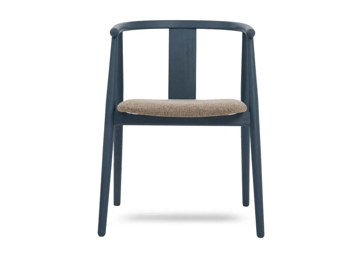 A blue framed dining chair from EZ Livings Relate range. Front view