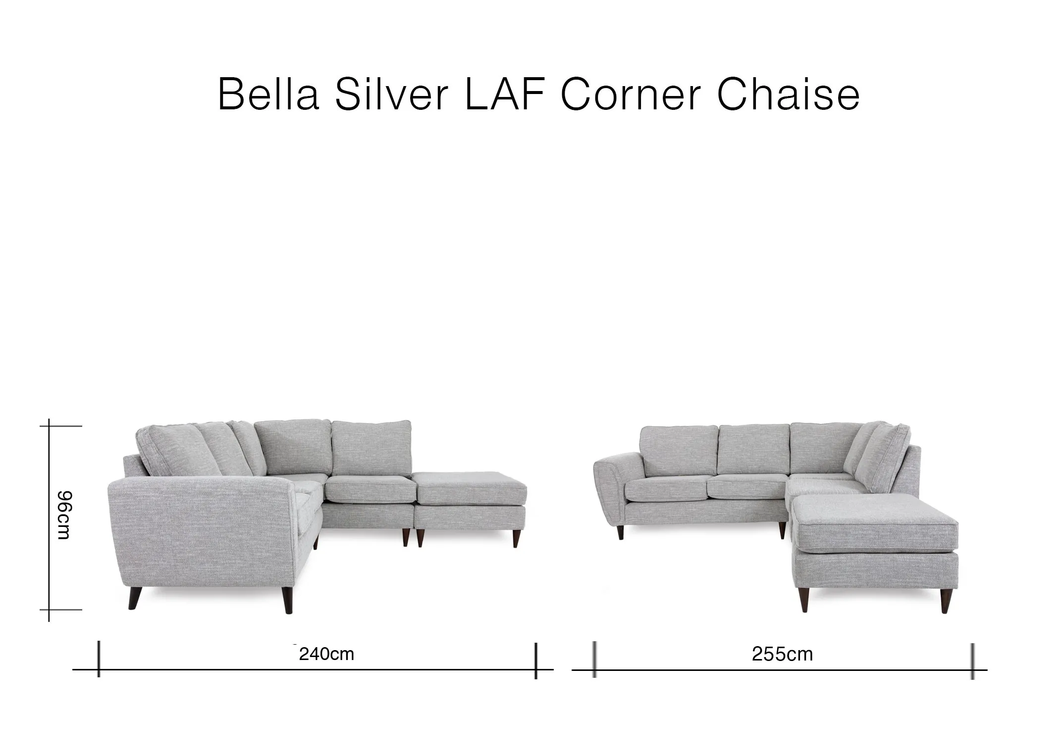 A dimension image of the Bella LAF Corner Chaise with 255cm x 240cm x 96cm