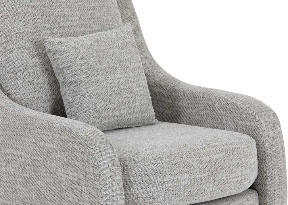 A silver fabric swivel armchair from EZ Livings Bella range. Closeup of refined fabric