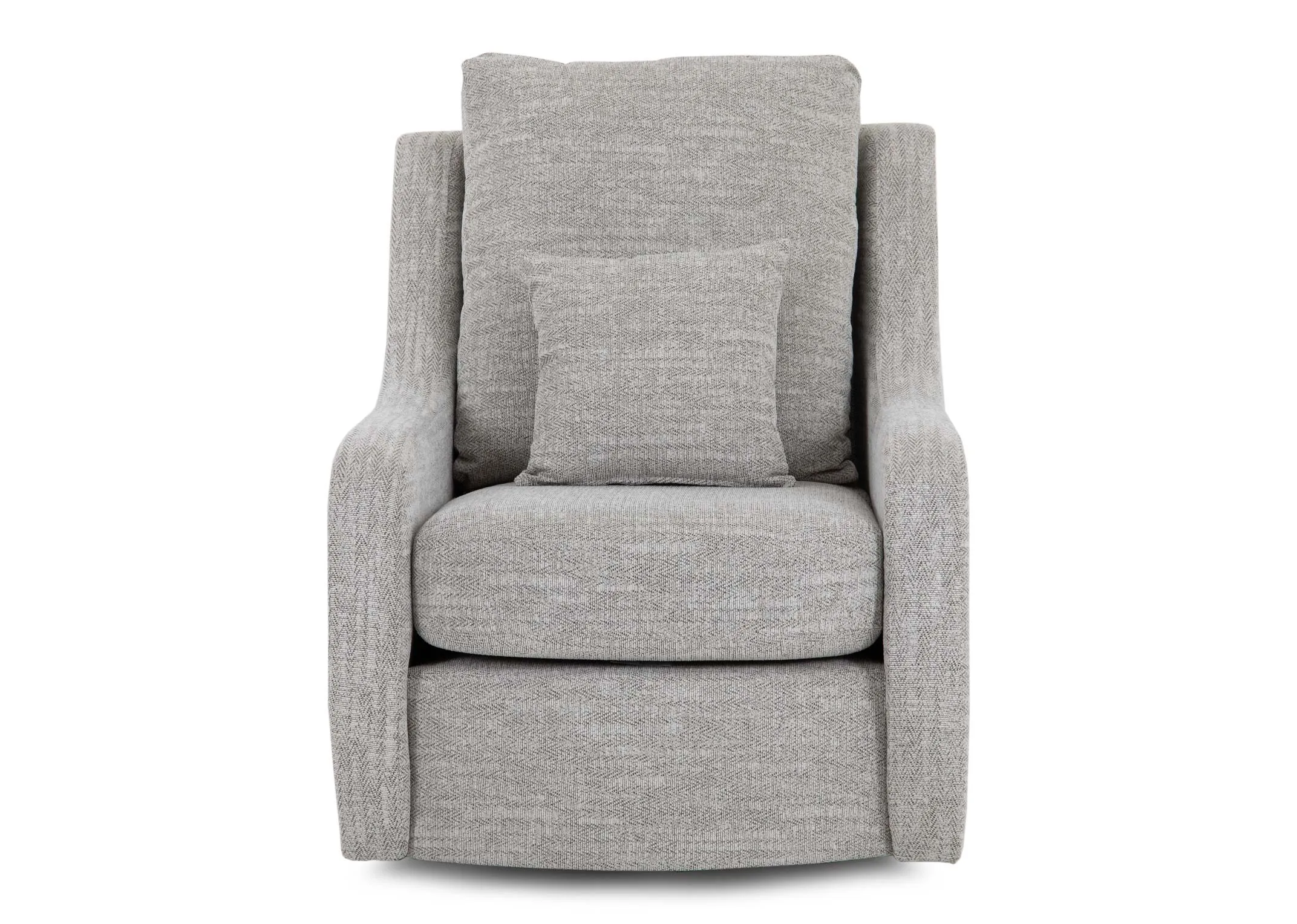 A silver fabric swivel armchair from EZ Livings Bella range. Front view of cushion fabric