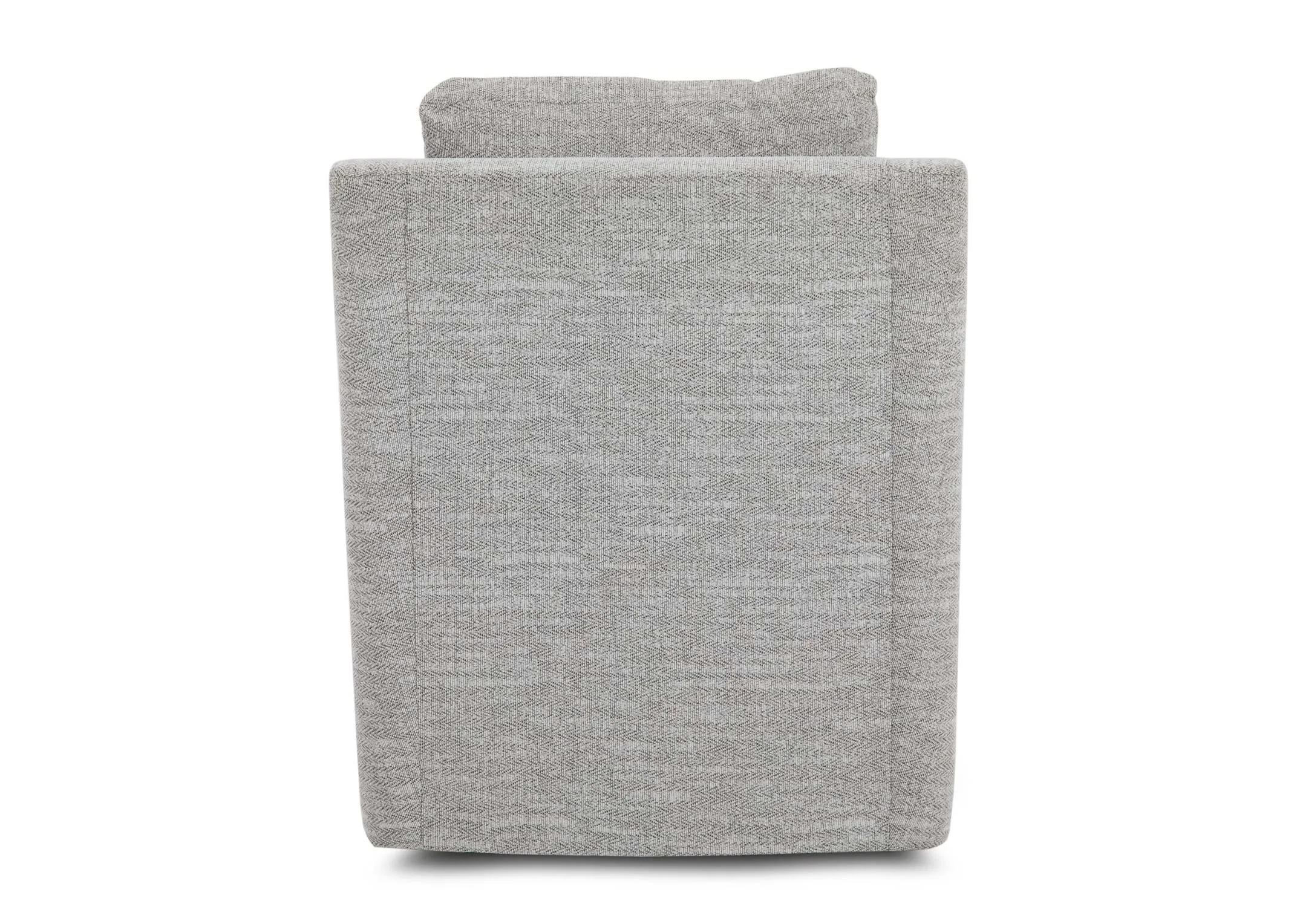 A silver fabric swivel armchair from EZ Livings Bella range. Back view of warrantied frame.