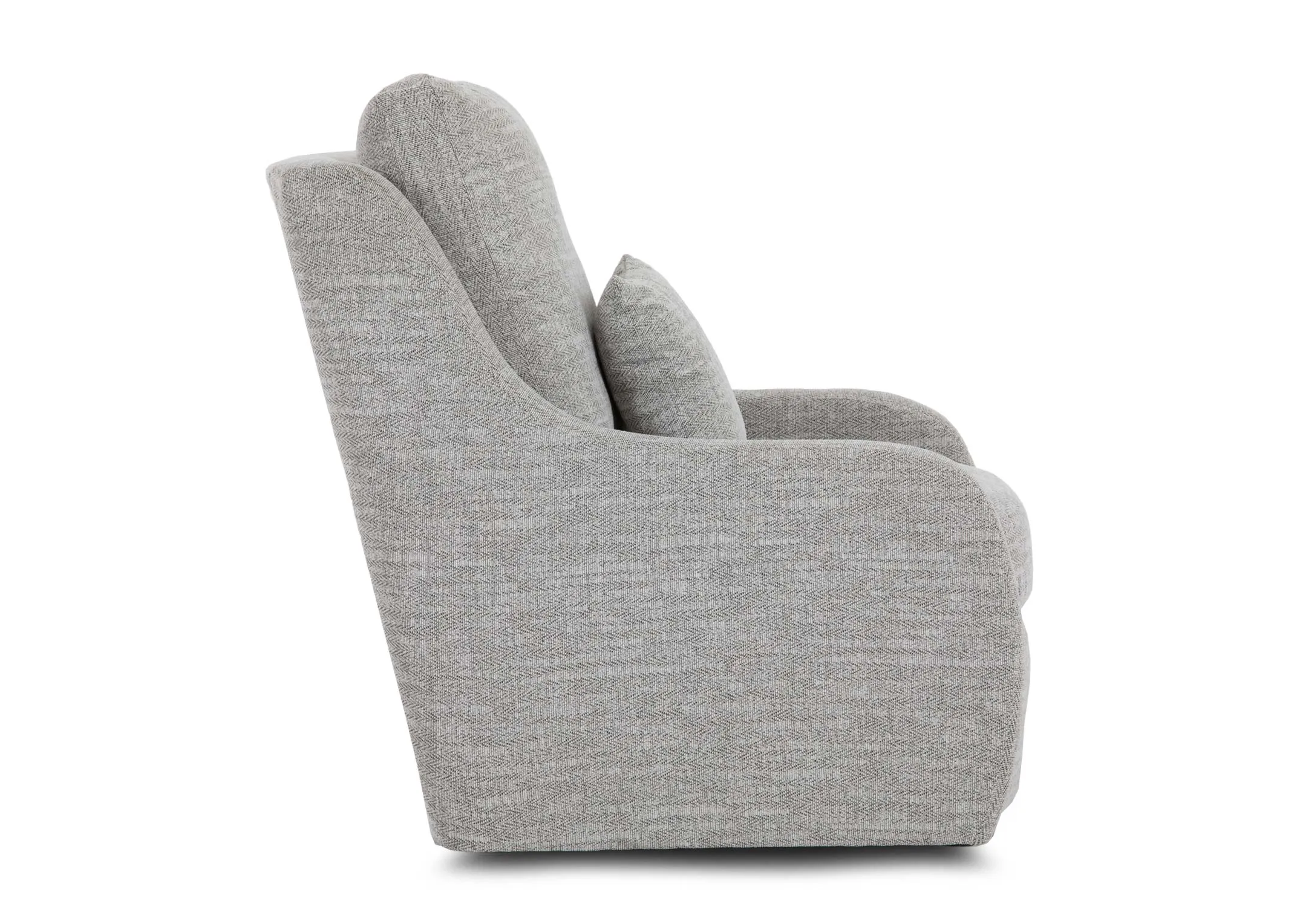 A silver fabric swivel armchair from EZ Livings Bella range. Side view of curved frame