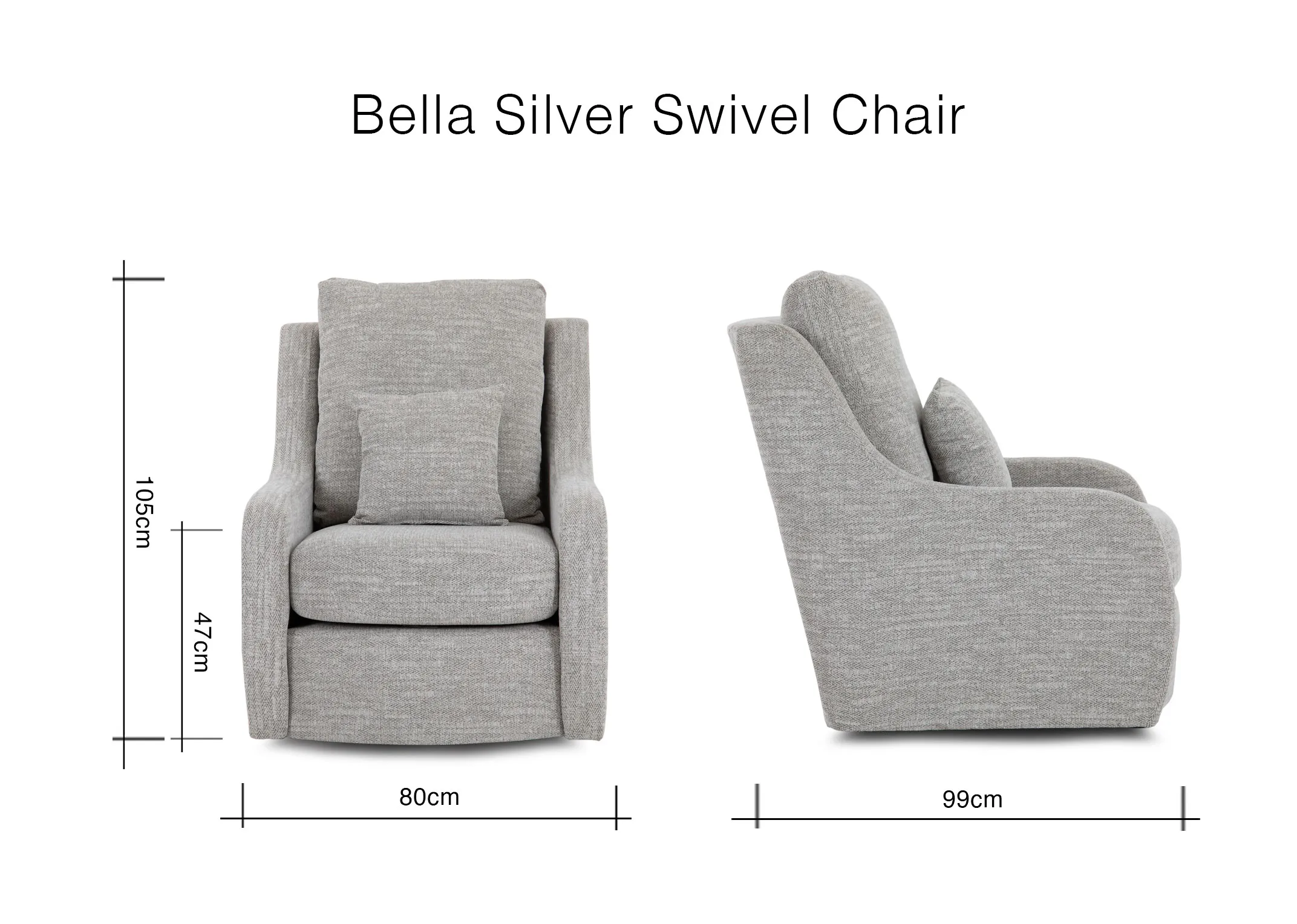 A dimension image of the Bella Swivel Chair with 80cm x 99cm x 105cm