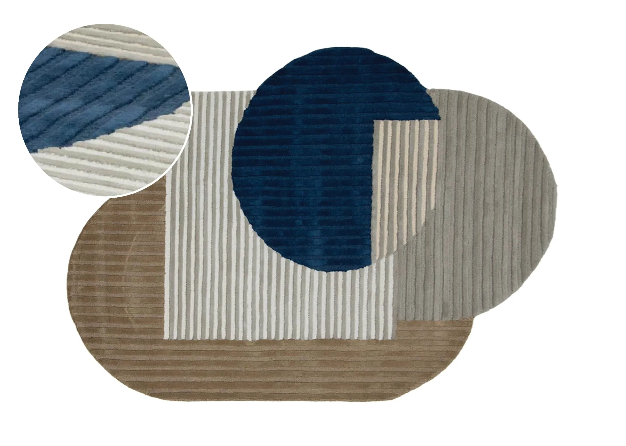 A green grey and navy abstract shaped rug from EZ Livings Geo range. Closeup of rug color in circle