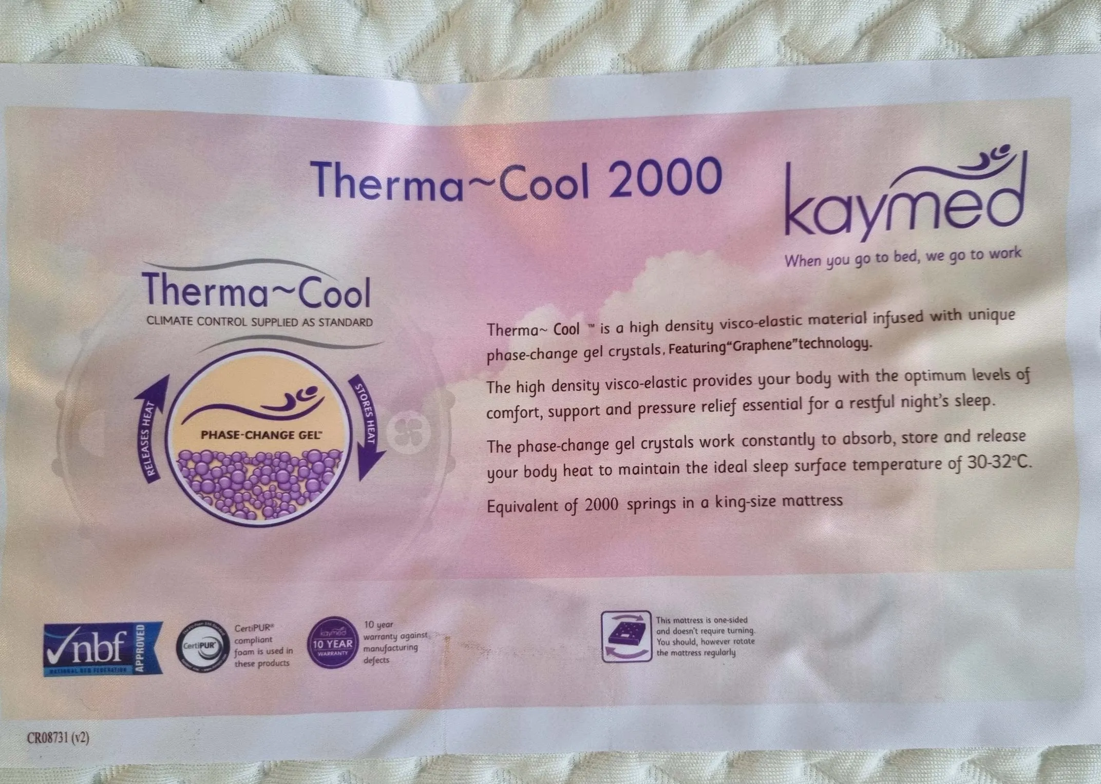 A single mattress with 2000 pocket springs from EZ Livings Therma-cool range. Closeup of brand benefits & warranty