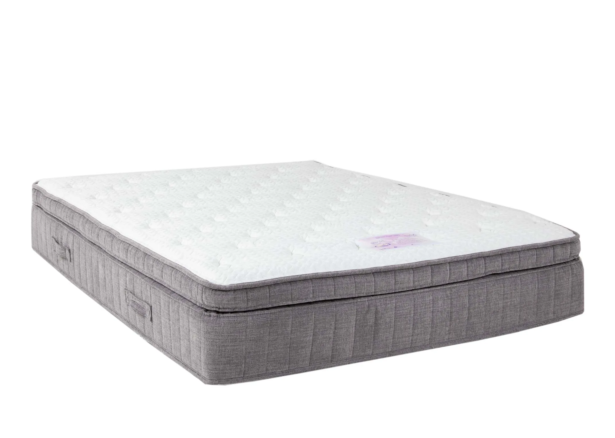 A 4ft mattress with 2000 pocket springs from EZ Livings Therma-cool range. Angled view of grey trim mattress