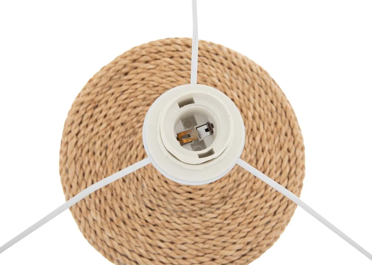 A cylindrical table lamp with woven base closeup showing e27 lamp fitting. Bulb not included