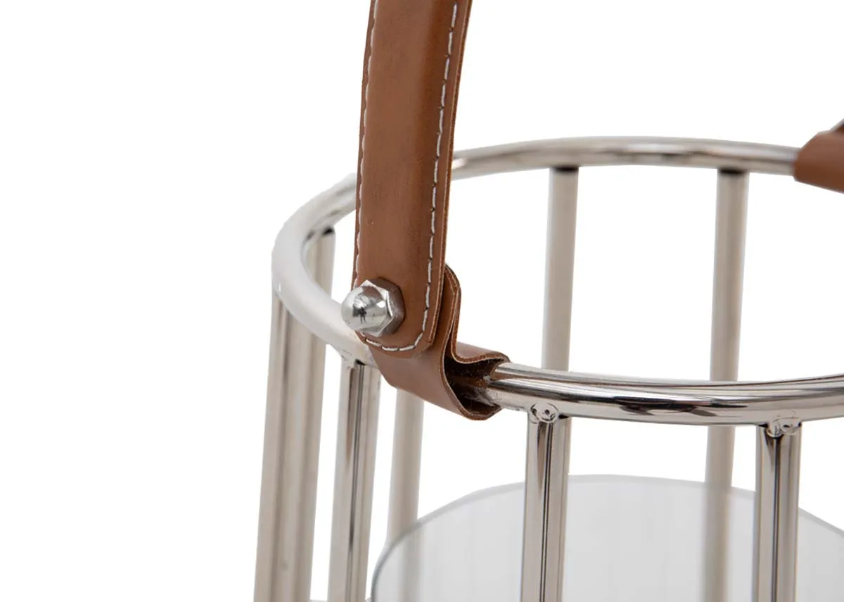 A silver metal caged lantern with glass insert and leather handle from EZ Livings Jasey range.Closeup of brown leather handle