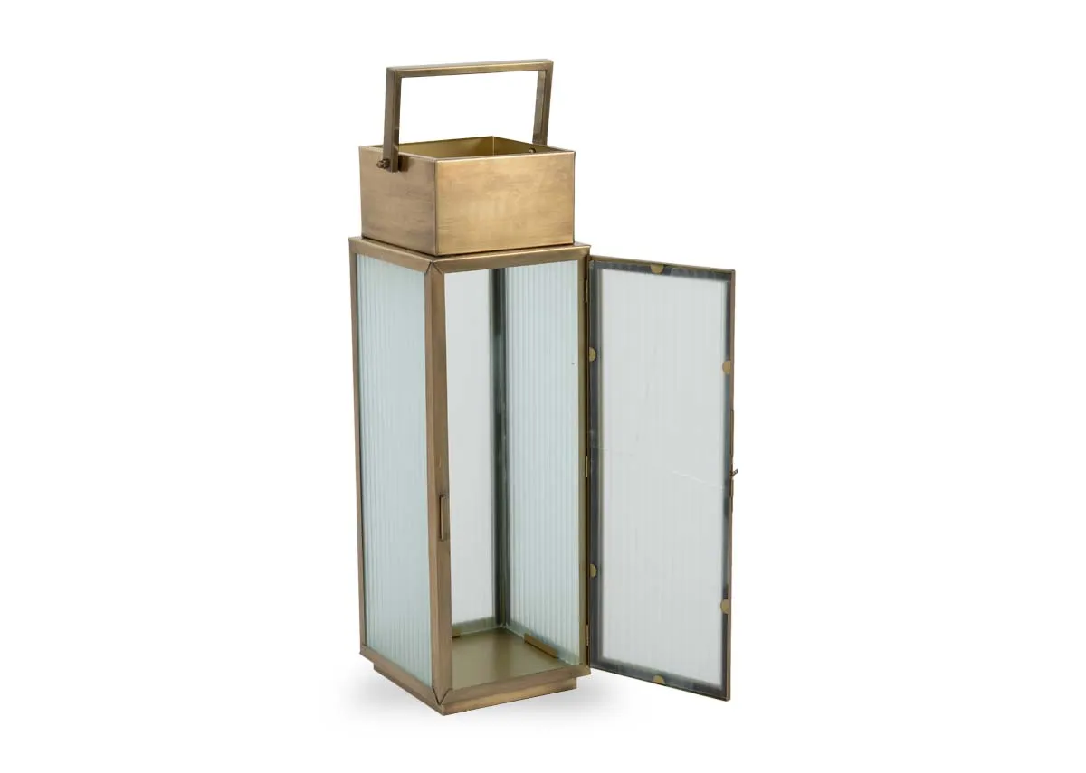 A large gold metal framed lantern from EZ Livings Dalia range. Angled view with door open