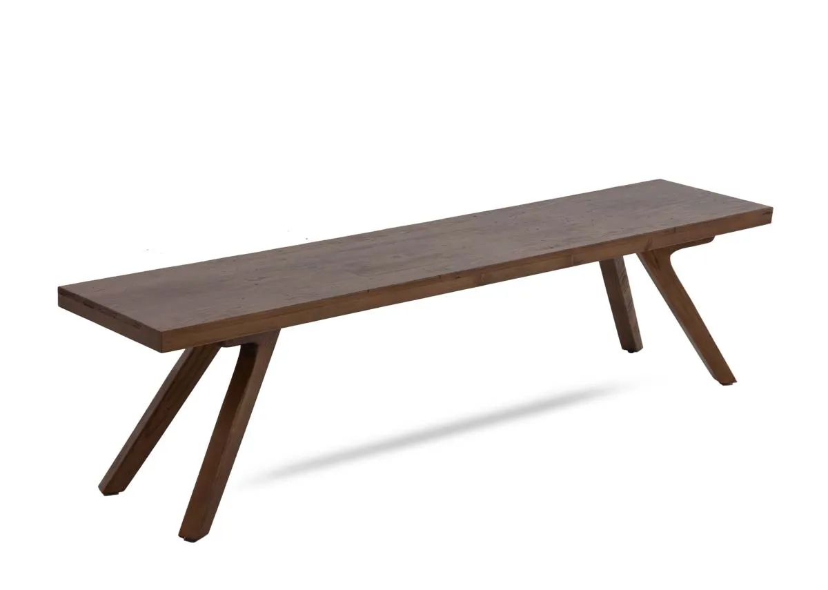 A brown reclaimed wood dining bench from EZ Livings Albion range. Angled view