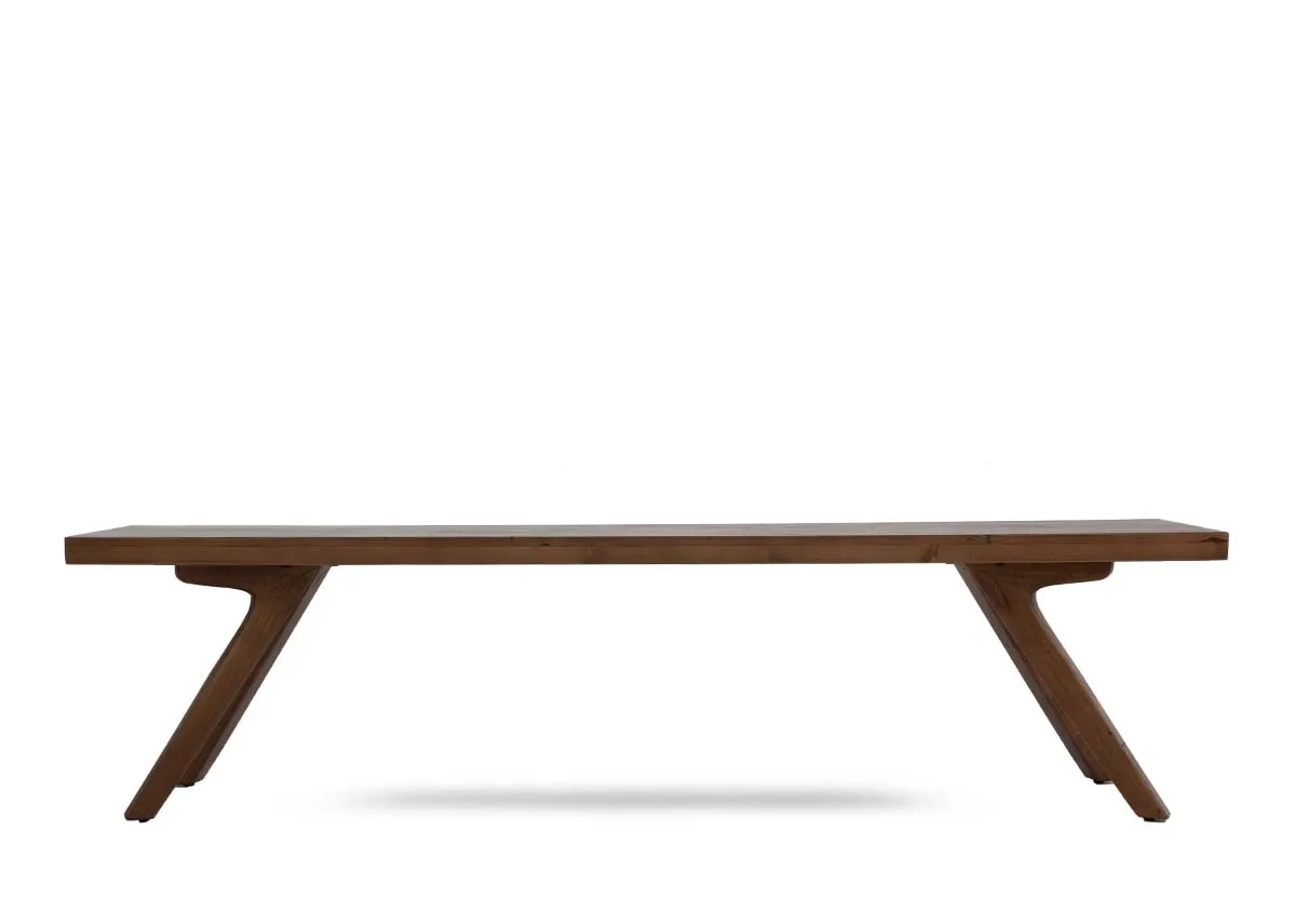 A brown reclaimed wood dining bench from EZ Livings Albion range. Front view