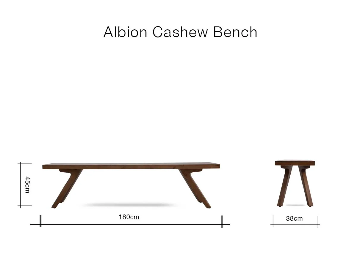 A dimension image of the Albion bench with 180cm x 36cm x 45cm