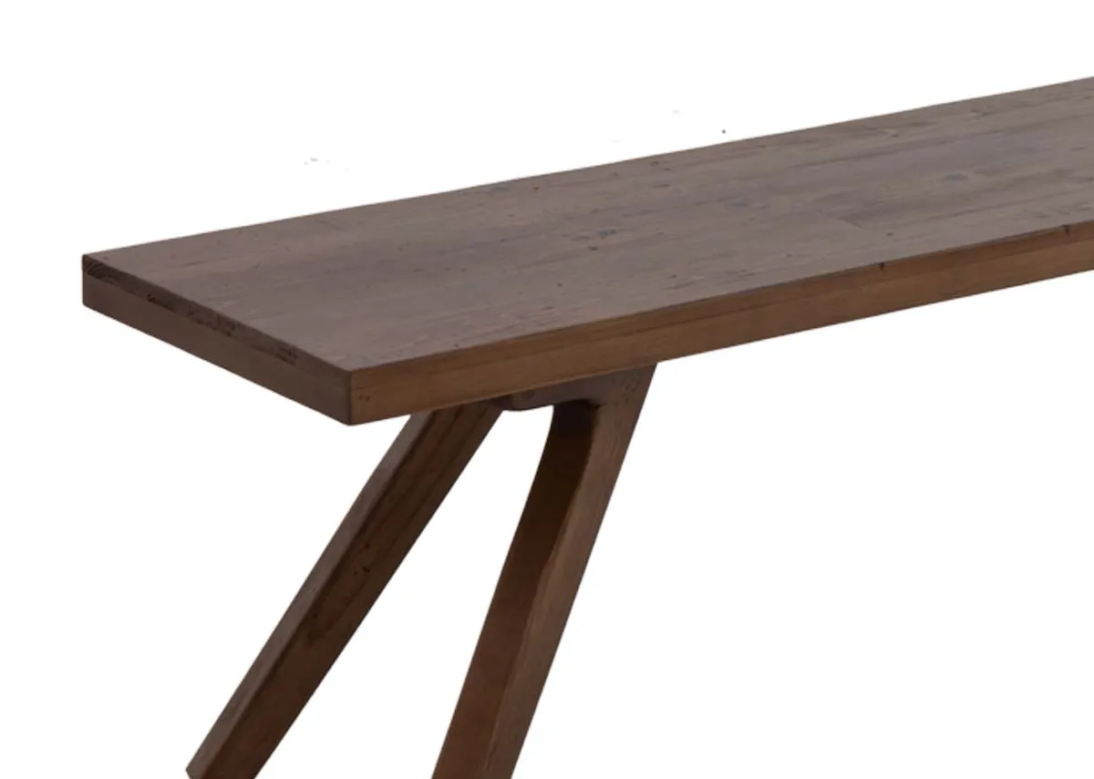 A brown reclaimed wood dining bench from EZ Livings Albion range. Closeup of textured wood top